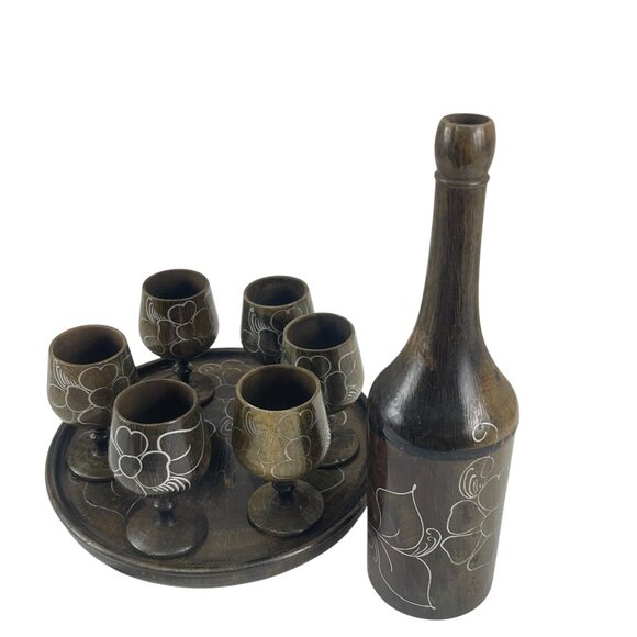 Handcrafted Wooden MCM Hand Turned Decanter Set With 6 Floral Etched Goblets & R - Picture 8 of 12